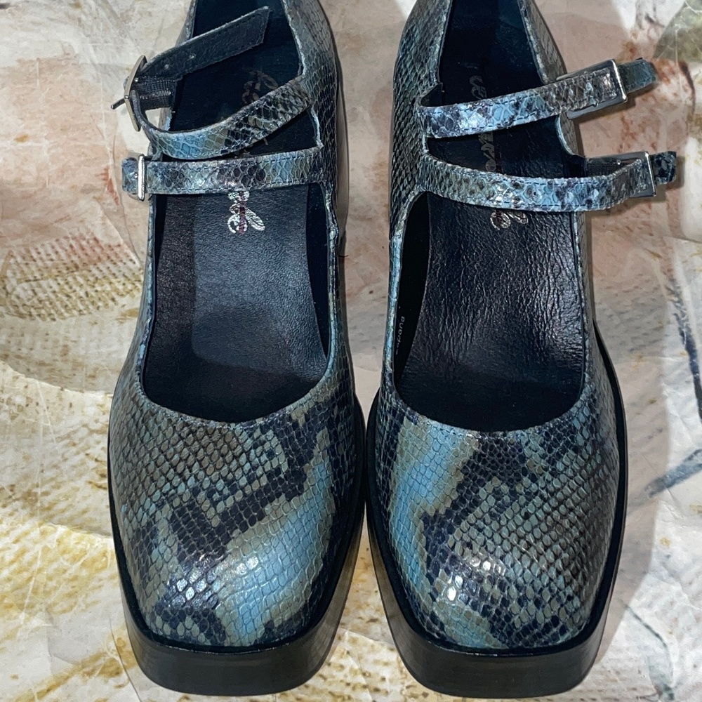 Free People Blue Green Snakeskin Platform Mary Janes